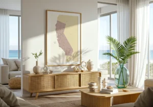 California map print hanging above a coastal-style living room console.