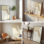Florida state counties map shown in four different modern home décor mockups, featuring minimalist and warm interior styles.