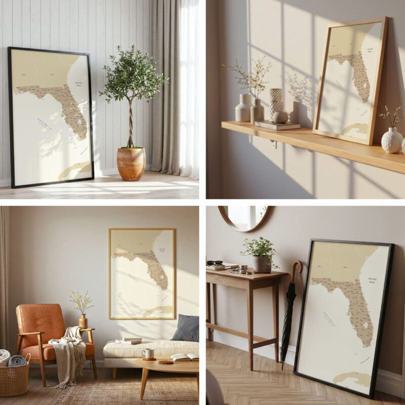 Florida state counties map shown in four different modern home décor mockups, featuring minimalist and warm interior styles.