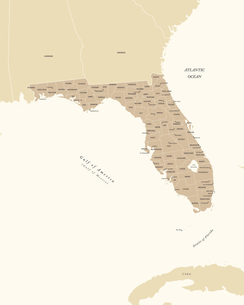 Printable Florida state map showing county boundaries and labels.
