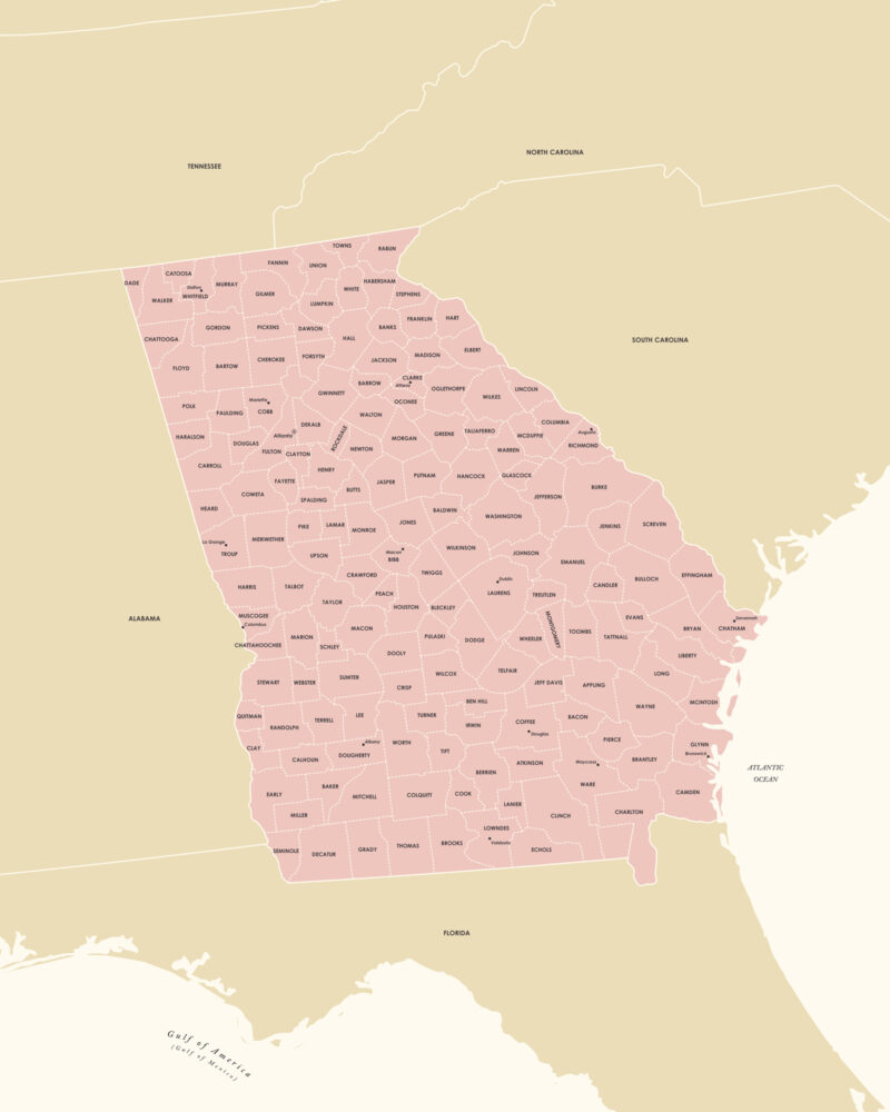 Printable Georgia state map showing all counties in a clean minimalist design.