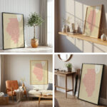 Collage of four home decor mockups showcasing a framed printable Illinois counties map in different interior styles.