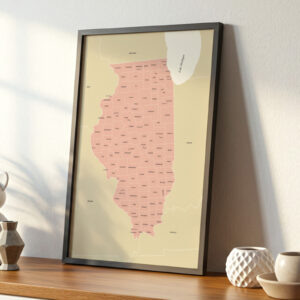 Modern minimalist Illinois state map print leaning on a tabletop with soft natural light.