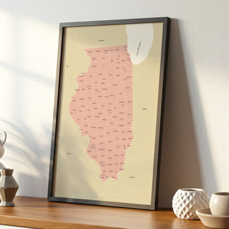 Modern minimalist Illinois state map print leaning on a tabletop with soft natural light.