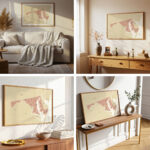 Collage of four interior mockups showing the Maryland map print displayed in different modern home décor settings.