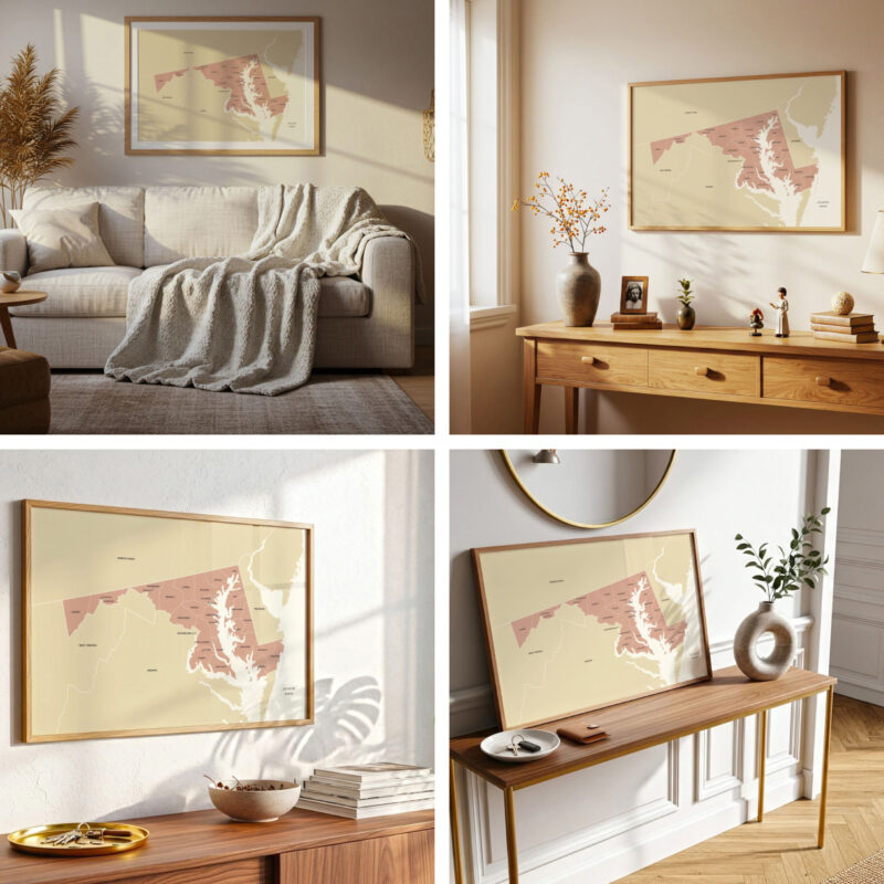 Collage of four interior mockups showing the Maryland map print displayed in different modern home décor settings.