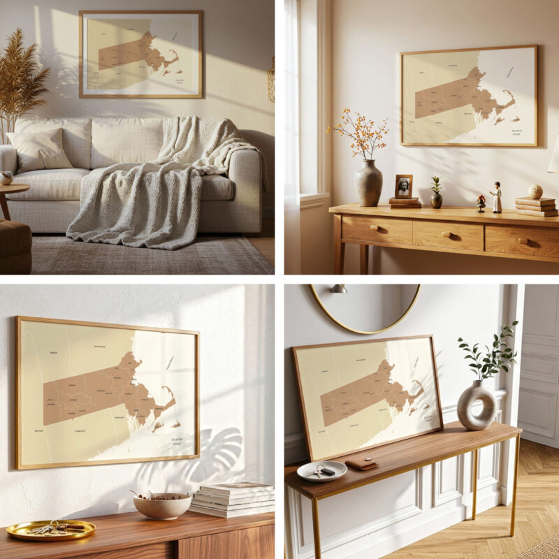 Collage of four interior mockups showing the Massachusetts county map print styled in various warm, contemporary home settings.