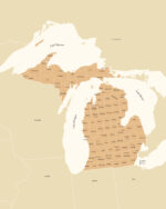 Detailed printable map of Michigan showing all state counties in a clean minimal beige layout.