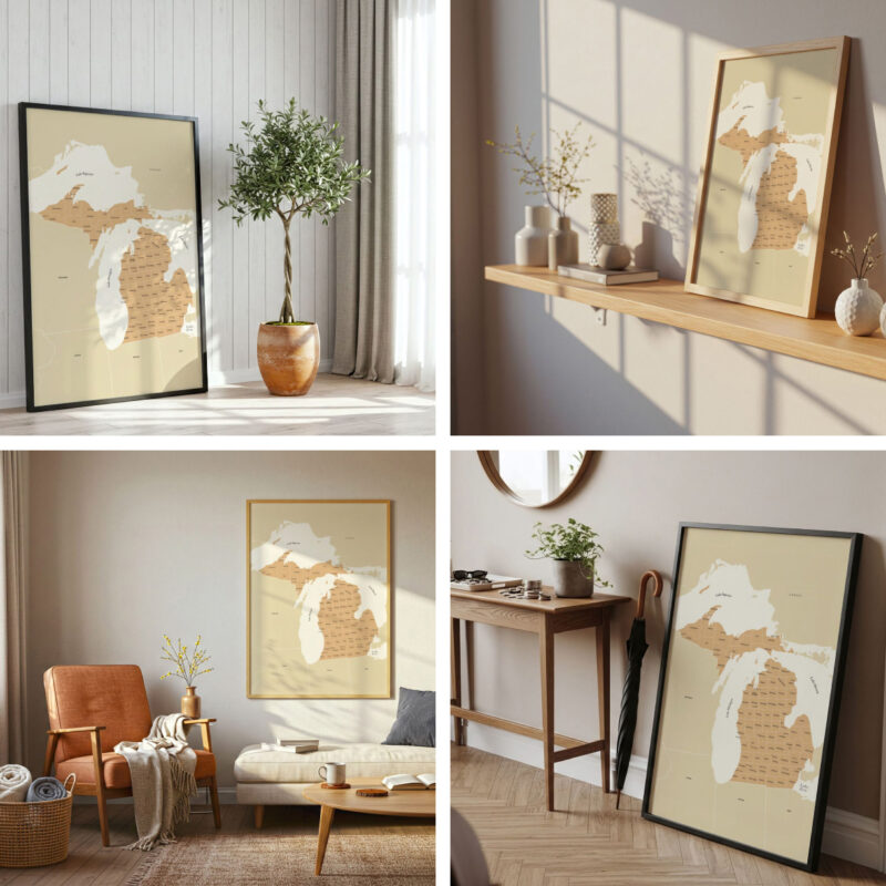 Collage of four interior mockups featuring a framed Michigan state counties map displayed in various modern home settings with warm natural lighting.