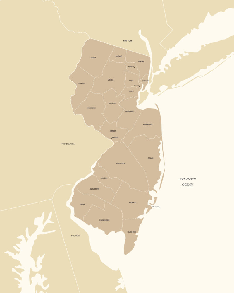 Detailed printable New Jersey map with clearly labeled counties, designed in warm neutral colors for digital download.
