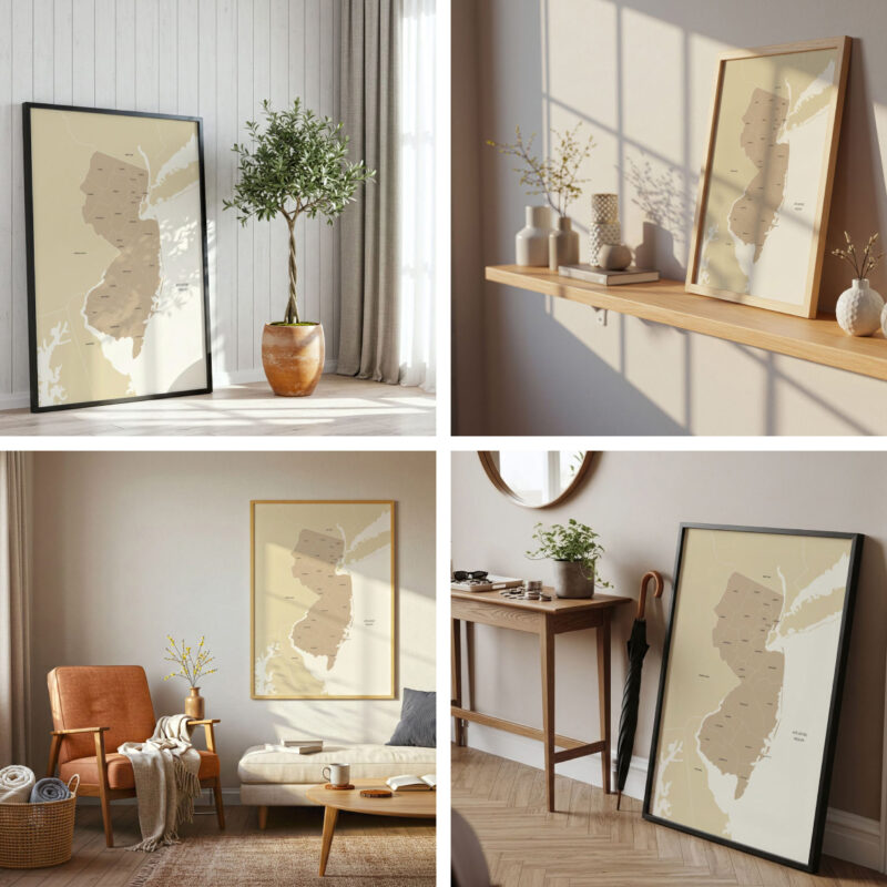 Set of interior room mockups featuring a printable New Jersey counties map in different frames and décor settings.