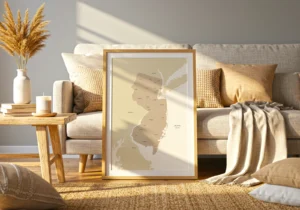 New Jersey map print leaning against a sofa in a bright living room.