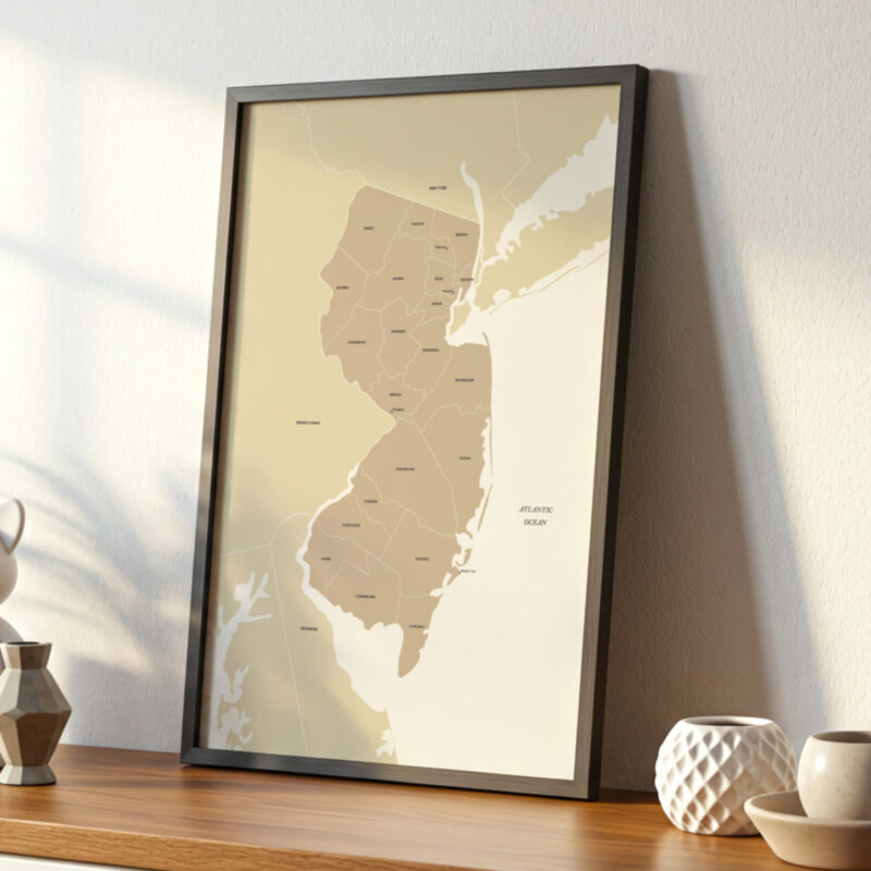 Close-up view of a New Jersey state map print in a sleek frame, highlighting county borders and soft neutral tones.