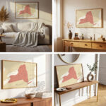 Set of interior mockups showcasing the New York map print displayed in various cozy, modern home settings.