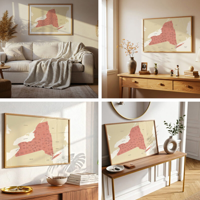 Set of interior mockups showcasing the New York map print displayed in various cozy, modern home settings.