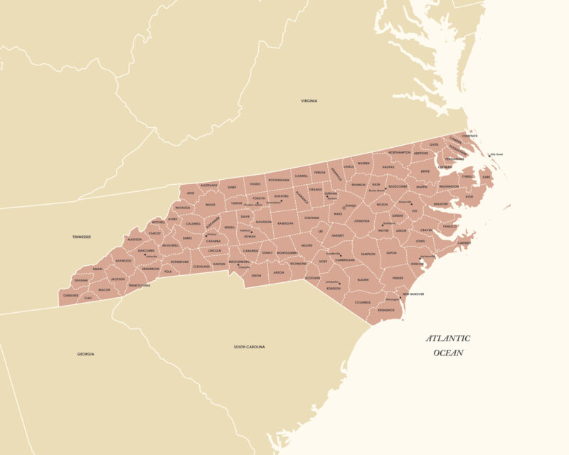 Detailed North Carolina state map with all counties labeled, designed for high-resolution printing and digital use.