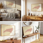 Four-image gallery showing the North Carolina county map displayed in cozy living rooms and bright modern interiors.