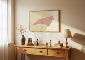 North Carolina map print displayed above a wooden console in a warm study area.