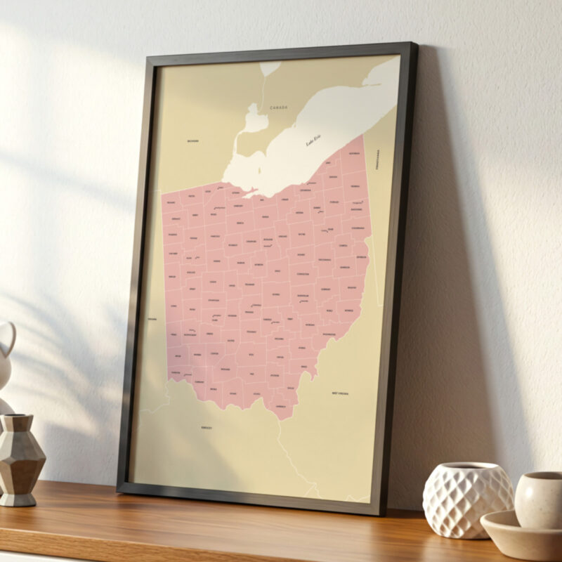 Framed Ohio map leaning on a wooden shelf, surrounded by simple ceramic décor and illuminated by gentle morning light.