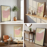 Four interior mockups showcasing the Printable Ohio Map displayed in different rooms, each with distinct framing and décor elements.