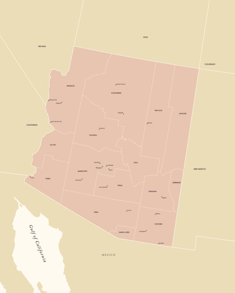 Printable Arizona map showing state counties, cities, and borders in a minimalist 600 DPI design.