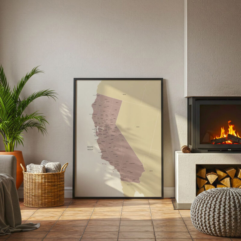 California map wall art positioned on the floor next to a glowing fireplace, adding a warm accent to a relaxed living room setting.
