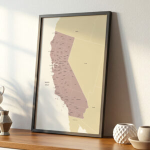 A framed California state map print resting on a wooden shelf, shown in soft natural light with simple modern décor nearby.