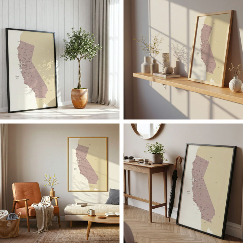 Four-scene collage displaying the Printable California Map in a variety of home interiors, showcasing different frame styles and décor moods.