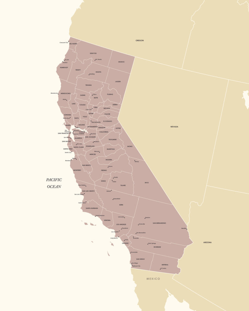 High-resolution California map featuring county divisions, major cities, and clean border outlines in a minimalist color palette.