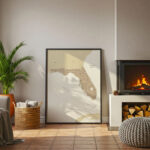 Printable Florida state map framed wall art displayed next to a fireplace in a cozy modern living room.