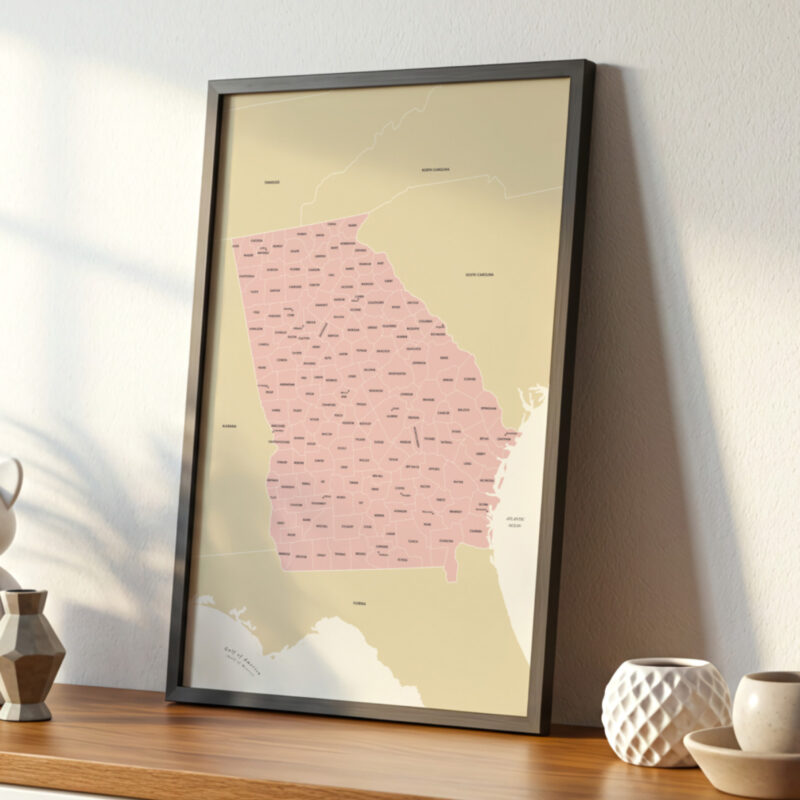 Close-up view of the printable Georgia state county map framed poster displayed on a wooden shelf in soft natural light.
