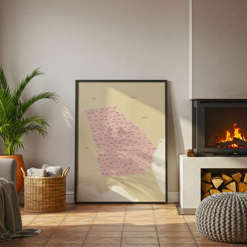 Printable Georgia state map with counties in a modern minimalist poster style displayed beside a fireplace in a warm living room.