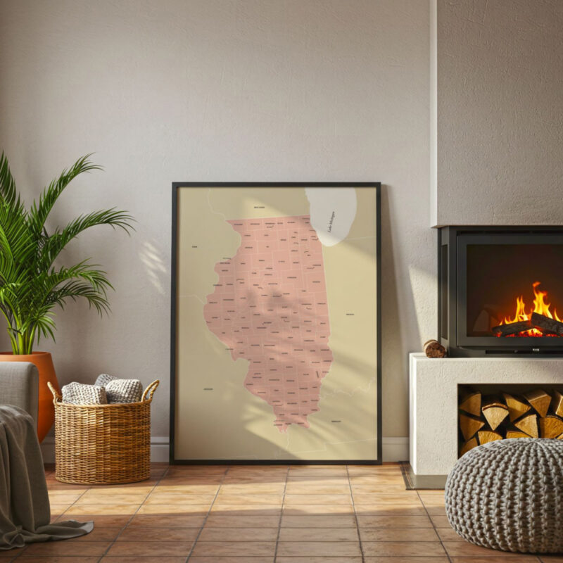 Framed Illinois counties map print displayed beside a fireplace in a warm, cozy living room.