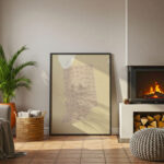 Framed printable Indiana state map leaning near a fireplace in a cozy home interior.