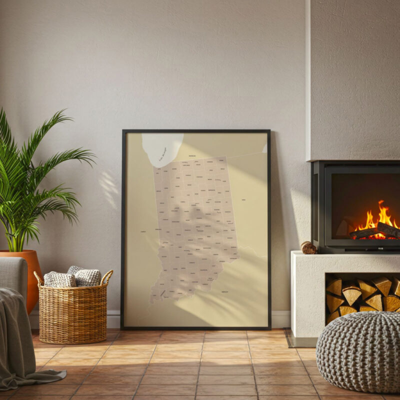 Framed printable Indiana state map leaning near a fireplace in a cozy home interior.