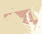 Flat illustrated Maryland map featuring all counties in a clean minimalist layout with soft neutral colors.