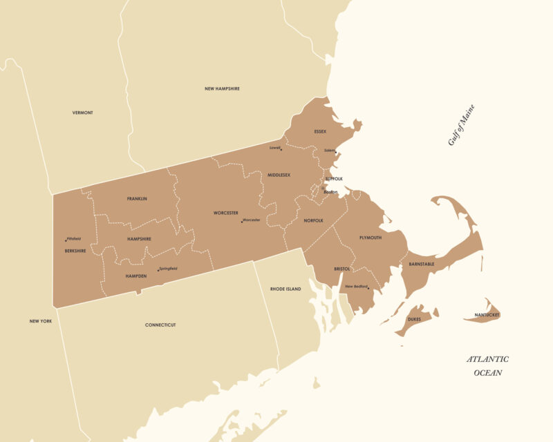 Flat detailed map of Massachusetts showing all counties in a minimalist neutral color scheme.