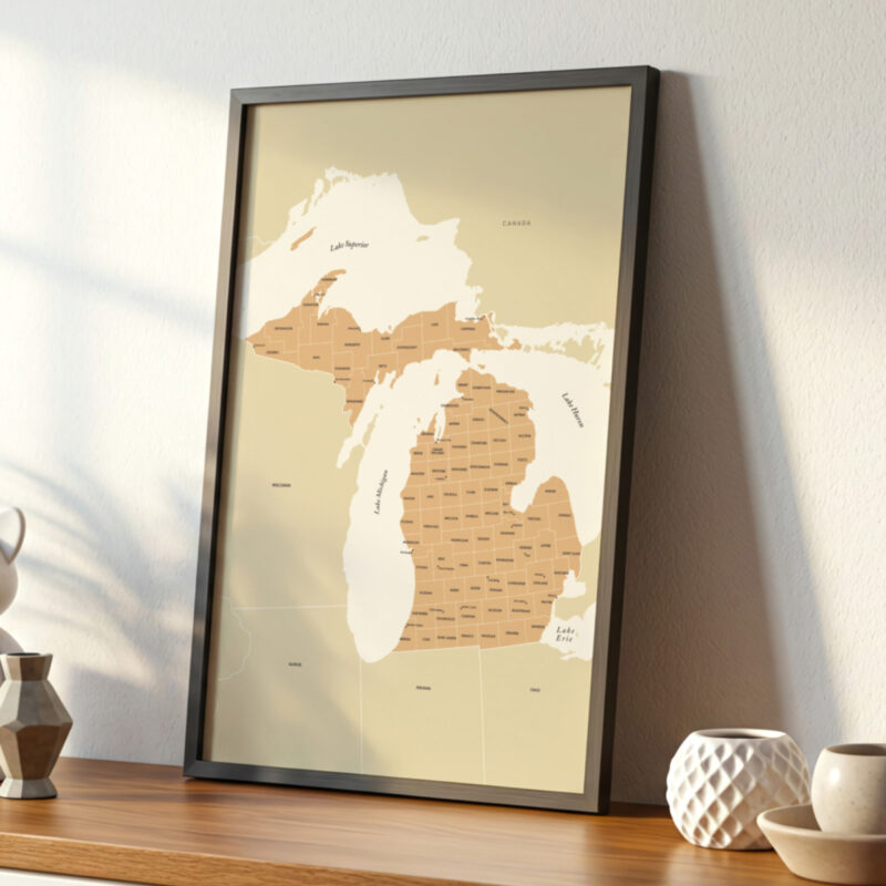 Framed Michigan county map print resting on a wooden console table with decorative ceramic vases and soft window light.