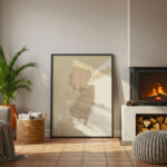 Framed printable New Jersey map displayed beside a cozy fireplace, showing state counties in a modern minimalist style.