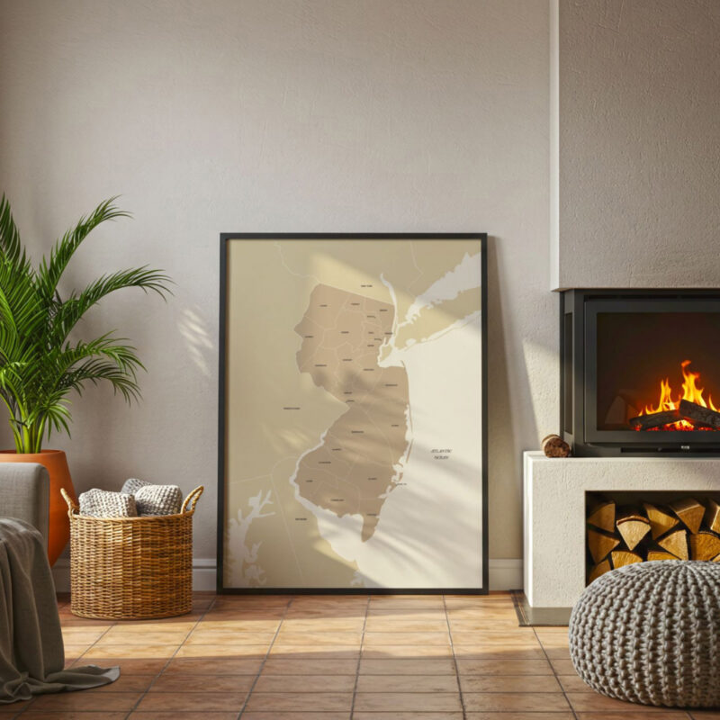 Framed printable New Jersey map displayed beside a cozy fireplace, showing state counties in a modern minimalist style.