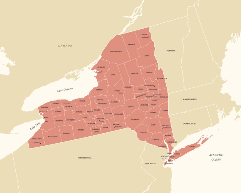 Complete New York state county map with clearly labeled regions, designed for high-resolution printing.