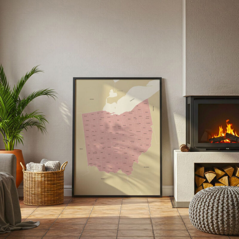 Large framed Ohio map print positioned beside a modern fireplace, adding a warm decorative touch to the cozy living room.