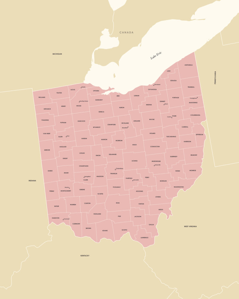 Complete Ohio state map showing all county boundaries, major cities, and geographic borders in a clean, print-ready layout.