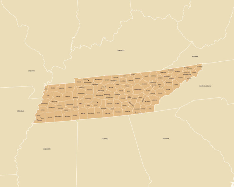 Detailed Tennessee state map illustrating all counties and borders in a soft, minimalist color palette suitable for high-resolution printing.