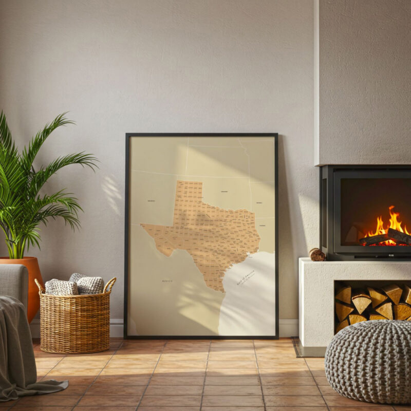 A framed Texas map positioned on the floor near a glowing fireplace, adding a warm decorative touch to a relaxed living room space.