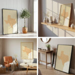 A collage of four styled home interiors showcasing the Printable Texas Map in various frame styles and lighting moods.