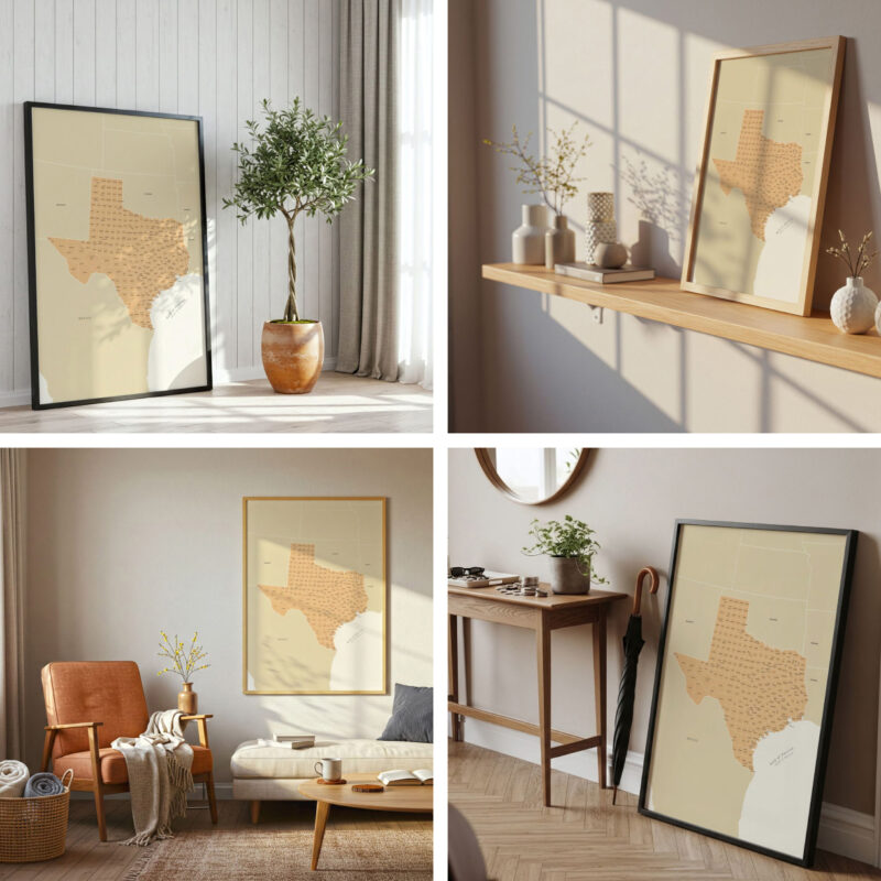 A collage of four styled home interiors showcasing the Printable Texas Map in various frame styles and lighting moods.