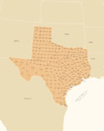 A detailed Texas map featuring all county divisions, major cities, and geographic outlines, presented in a clean, minimalist design.