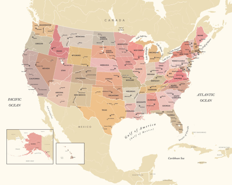 High-resolution map of the United States illustrating every state with clear borders and labeling, including Alaska and Hawaii in inset panels.