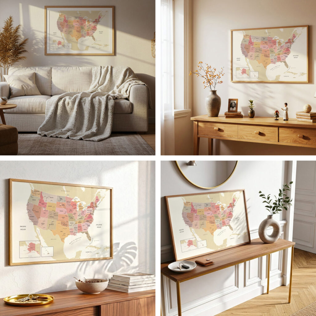 A collage of four styled interiors featuring the Printable USA Map displayed in various rooms, lighting styles, and frame designs.
